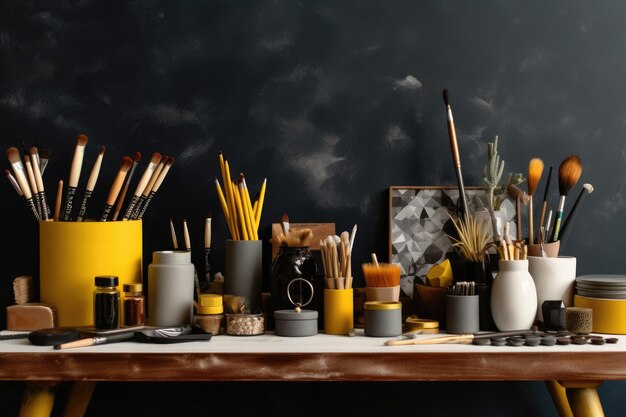 A desk with yellow pencils and a yellow container