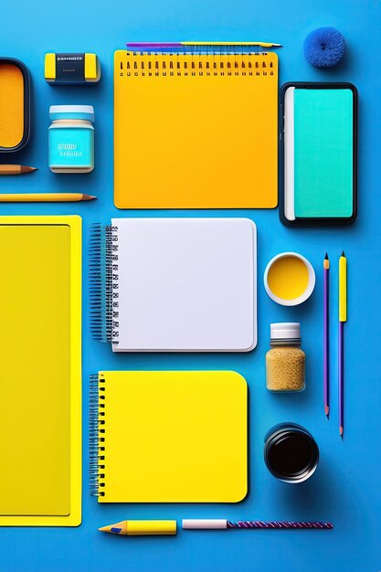 Desk of young student with yellow supplies on a blue background Back to school concept Flat lay