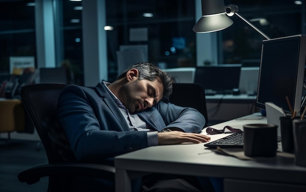 Premium AI Image | A DeskBound Office Worker Sound Asleep in His Chair ...