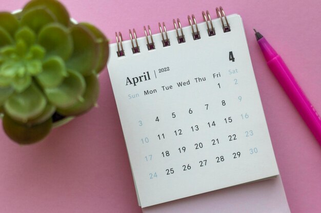 Desktop calendar for April 2022.Calendar for planning.