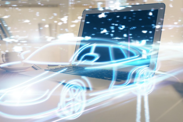 Desktop computer background in office with automobile hologram drawing Multi exposure Tech concept
