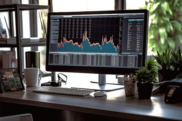 Desktop computer on desk in office Monitor screen shows company growth data with financial graphs gharts trading charts software UI