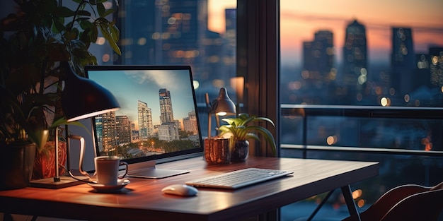 Foto computer desktop su una scrivania accanto a una finestra