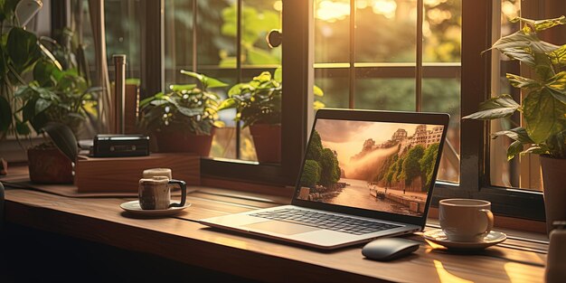 Desktop computer on a desk next to a window