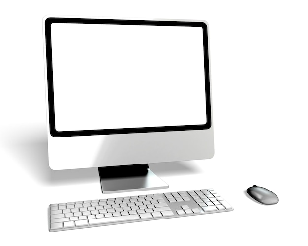 흰색 바탕에 데스크톱 컴퓨터와 키보드와 마우스