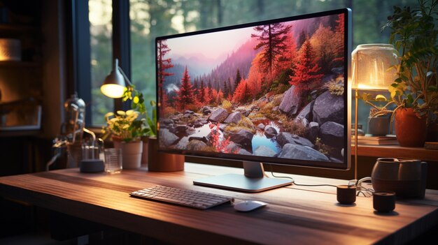 A desktop computer on a nice desk with nature background