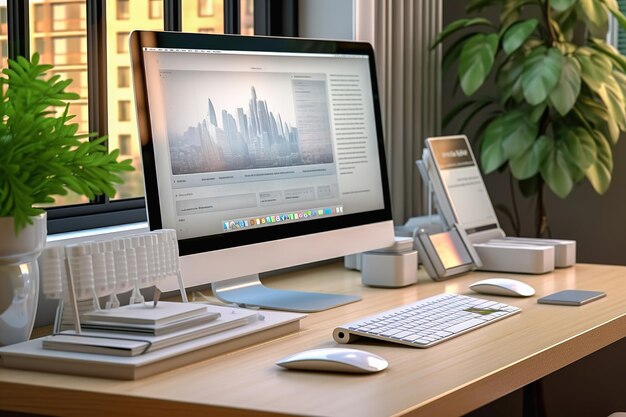 Desktop computer and office supplies on the desktop