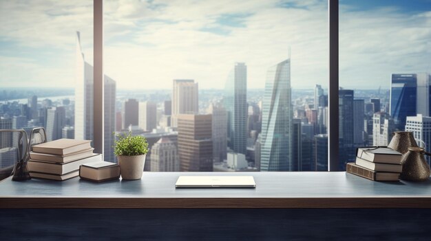 desktop computer in office with sunset view