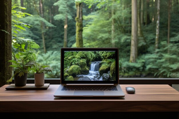 Desktop computer op een bureau met een rustige bos waterval uitzicht 00