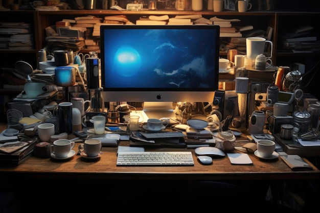 A desktop computer placed on a wooden desk creating an efficient and contemporary workspace A programmers desk cluttered with multiple screens and empty coffee cups AI Generated