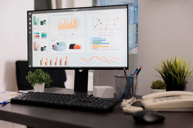 Desktop computer screen with asset and financial growth\
software running, houseplants and work supplies on the table. empty\
office overnight in financial advisory firm.