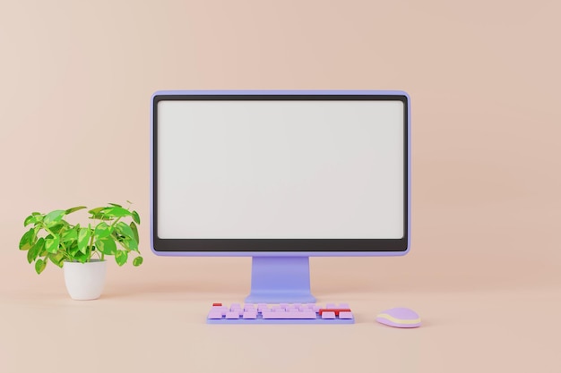 desktop computer with blank screen with keyboard and mouse 3d render illustration