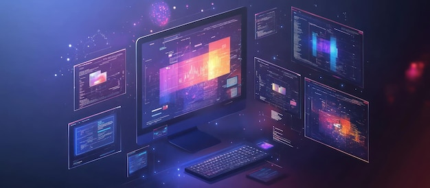 a desktop computer with a keyboard and mouse surrounded by multiple computer screens displaying colorful abstract patterns