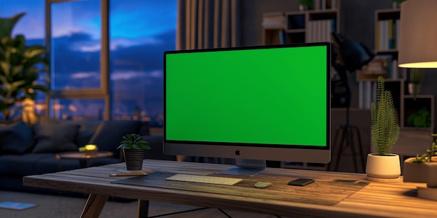 Photo desktop computer with mockup green screen dsiplay standing on the wooden desk in the creative cozy