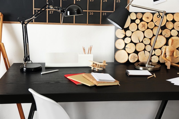 desktop of creative person with different items indoors