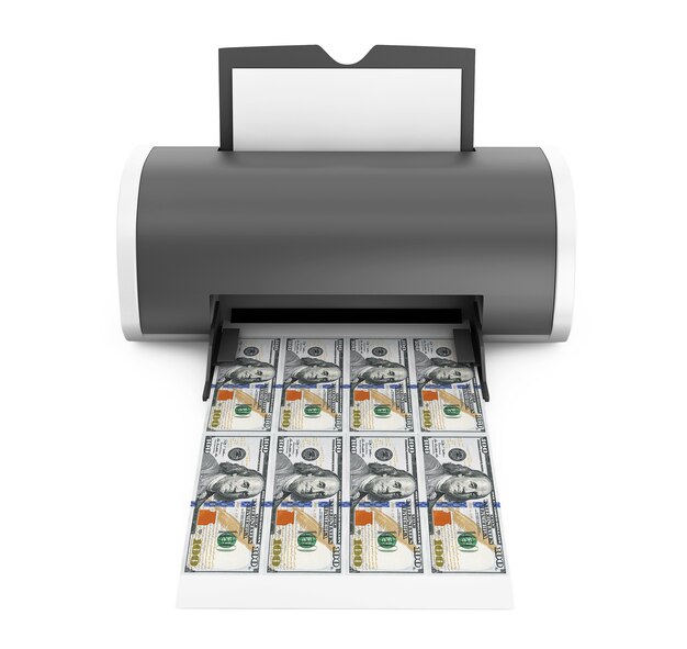 Desktop Home Printer Gedrukt geld op een witte achtergrond. 3D-rendering