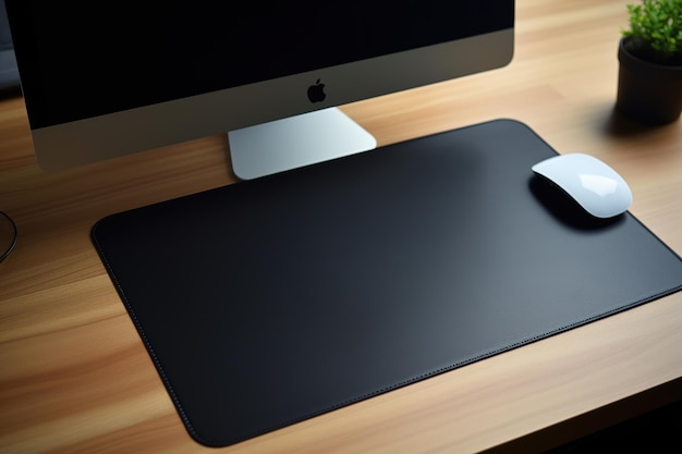 A desktop organized with a modern desk and a mouse placed on a mouse pad mockup Generative Ai