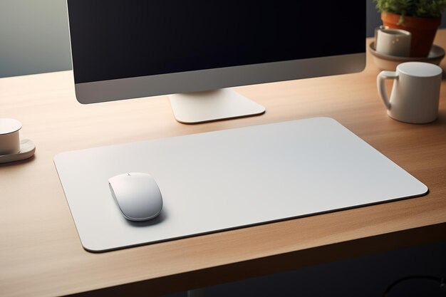 A desktop organized with a modern desk and a mouse placed on a mouse pad mockup Generative Ai