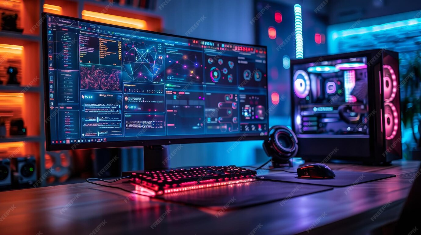 Premium Photo | A desktop PC computer on a desk with a keyboard and ...