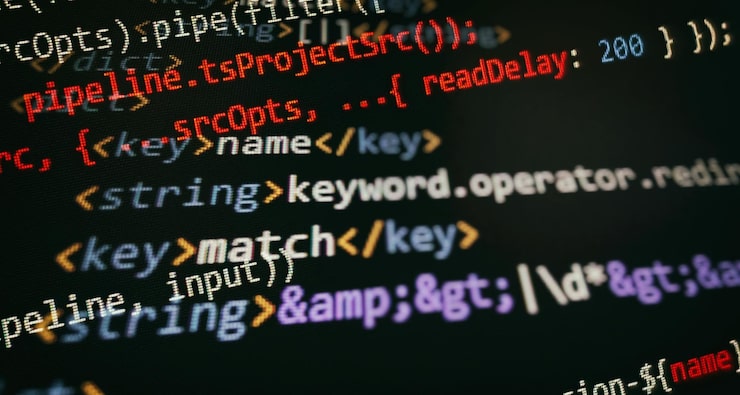 Photo desktop pc monitor photo. javascript functions, variables, objects. project managers work new idea. future technology creation process.