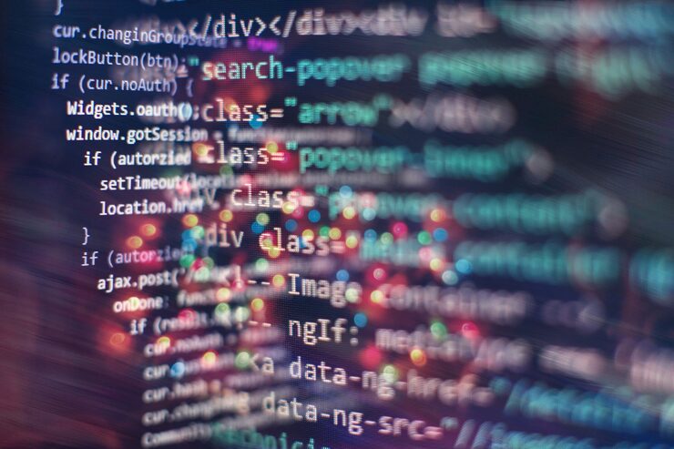 Photo desktop pc monitor photo. javascript functions, variables, objects. project managers work new idea. future technology creation process.