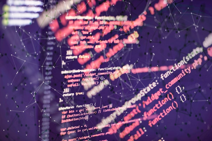 Photo desktop pc monitor photo. javascript functions, variables, objects. project managers work new idea. future technology creation process.