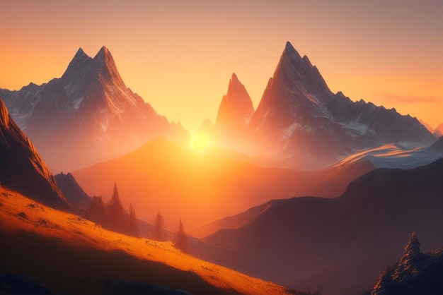 Photo desktop wallpaper view of incredible mountain landscapes with golden sunrise