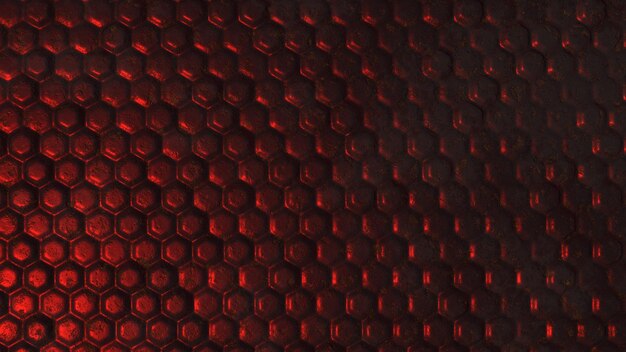 Desktop wallpapers in the form of dark red metal volumetric hexagons with elements of rust cracks and abrasions Background or splash screen Abstract illustration 3d rendering image High quality