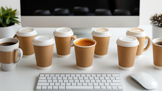 Foto il desktop con una tastiera di computer è coperto di tazze di caffè generazione di ai
