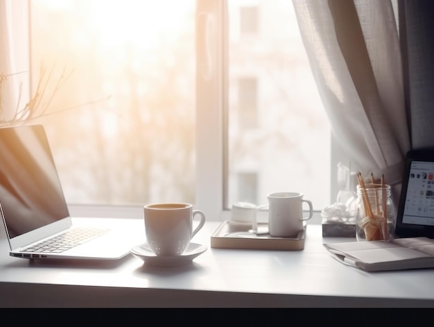 Desktop with laptop and cup of coffee in front of a window with morning sunlight Generative AI Home cozy office concept in scandinavian style