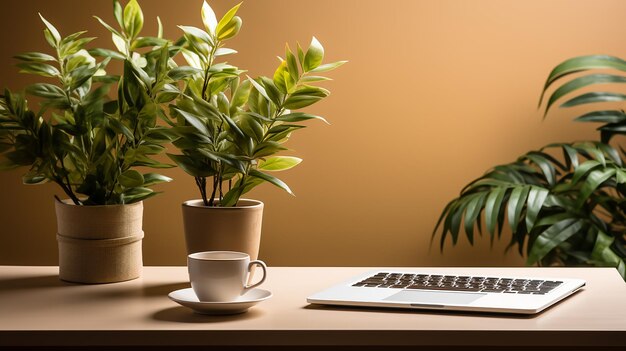 desktop with a notebook coffee keyboard in the style of light brown and beige background