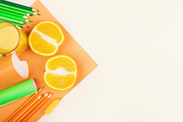 Desktop with oranges and supplies top