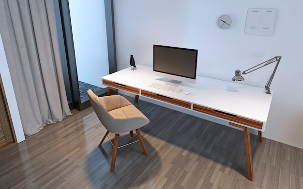 Фото Рабочий стол с пк. рабочий стол с белой столешницей и коричневыми ножками. 3d визуализация