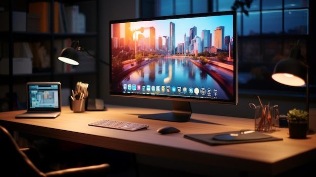 Desktopcomputer op een houten bureau