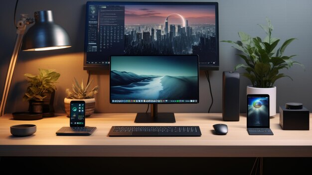 Desktopcomputer op een houten bureau