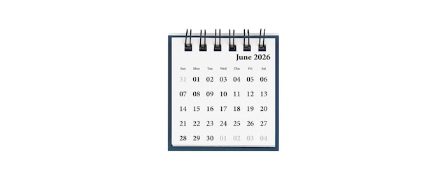 Desktopkalender voor juni 2026 in witte kleur Mini-planner voor zaken en financiën spiraalbeeld op een geïsoleerde witte achtergrond