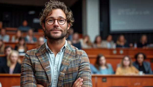 Deskundige houdt een lezing omringd door publiek op de achtergrond van de vergaderzaal