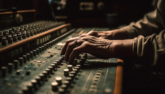 Deskundige muzikant die de geluidsmixer aanpast in de opnamestudio gegenereerd door AI