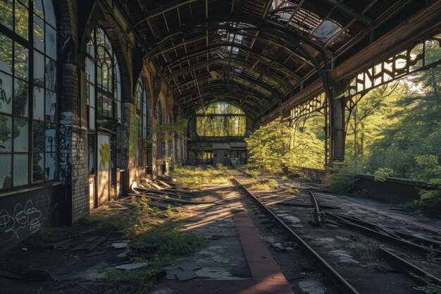 Desolate Abandoned rail station Generate AI