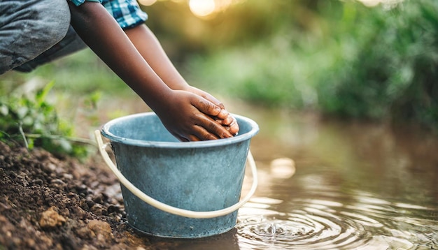 Desolate African childs hands bare and worn clutching a water bucket by a creek symbolizing pove