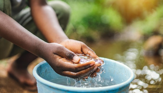 Desolate African childs hands bare and worn clutching a water bucket by a creek symbolizing pove