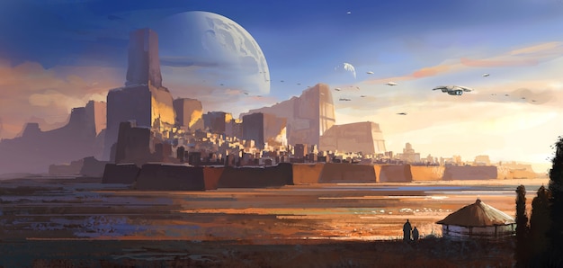 desolate alien, desert castle, science fiction illustration, digital illustration, 3d rendering.