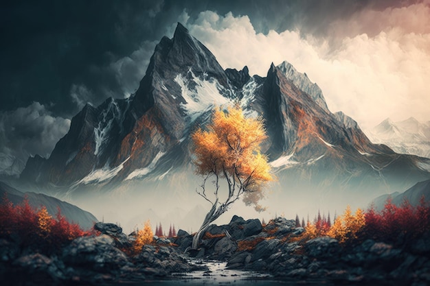 Desolate autumnal scenery with towering snow capped mountains and jagged outcrops