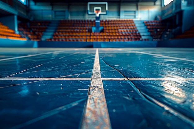 Фото Пустынное баскетбольное поле на пустынной арене, пустая сцена, зафиксированная опытным фотографом.
