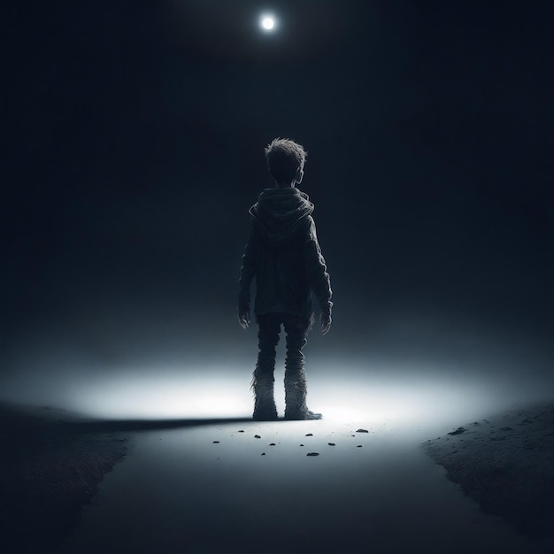 A desolate boy figure illuminated by a single spotlight standing in the middle of a barren white