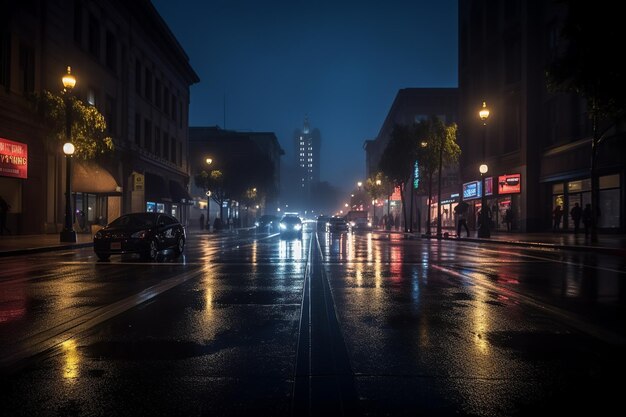 Desolate city street at night neon reflections on wet asphalt foggy air and searchlight