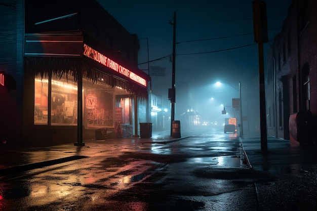 Desolate city street at night neon reflections on wet asphalt foggy air and searchlight