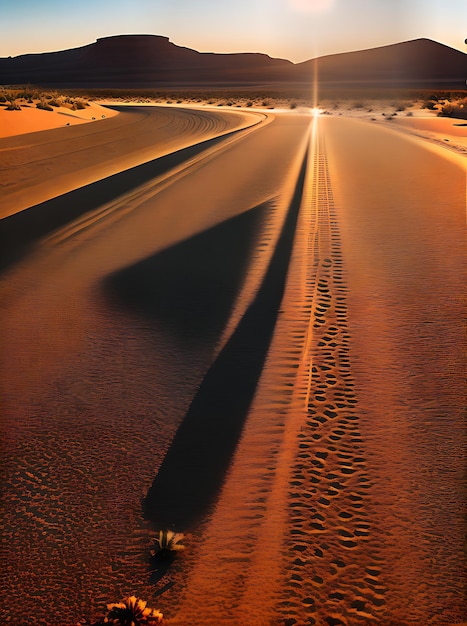 Desolate desert path with warm lighting