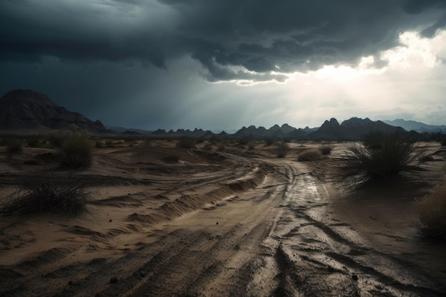 Desolate desert wasteland with storm rolling in created with generative ai