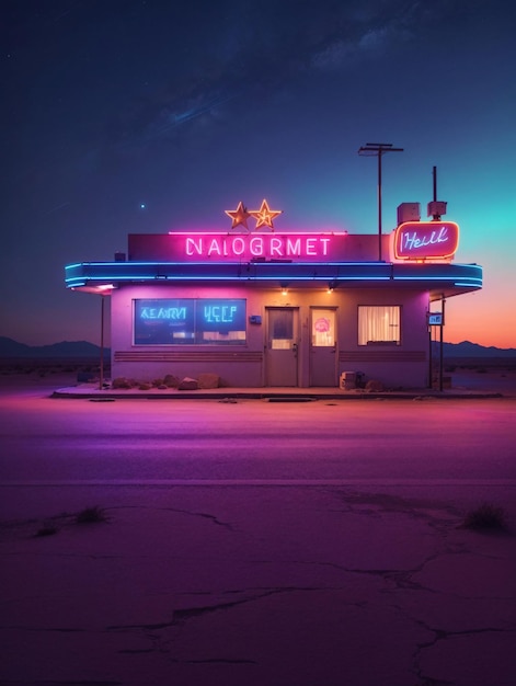 Desolate Gas Station with Neon Sign in The Middle of The Dessert